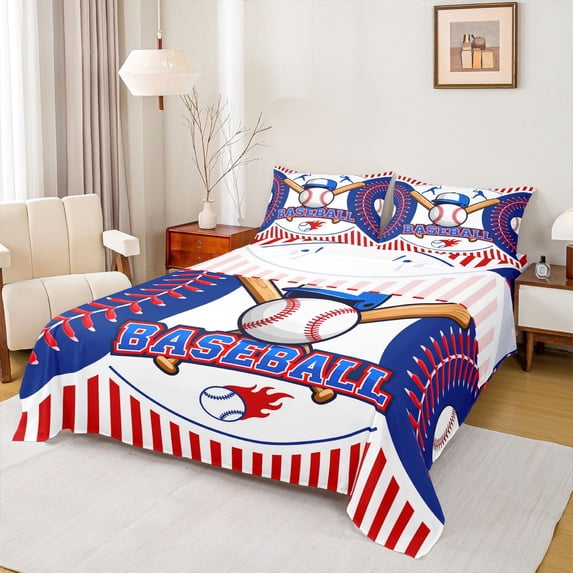 Homewish Kawaii Baseball Lover Queen Sheet Sets for Boys, Blue Red Stripes Abstract Flat Sheet, Sports Theme Queen Fitted Sheet, Breathable Home Decor, 4 Pieces