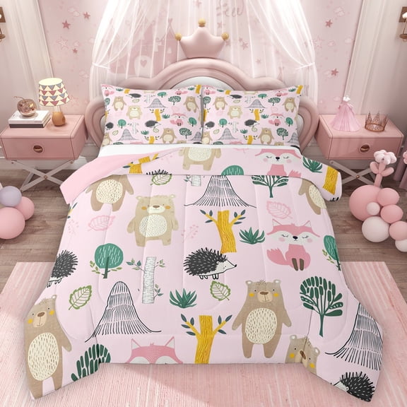 Homewish Kawaii Bear Fox Hedgehog Bedding Comforter Set 2pcs for Children Teens,Cartoon Animal Twin Comforter Sets Microfiber,Cute Jungle Wildlife Breathable Bedding Set,Luxury Bedroom Decor