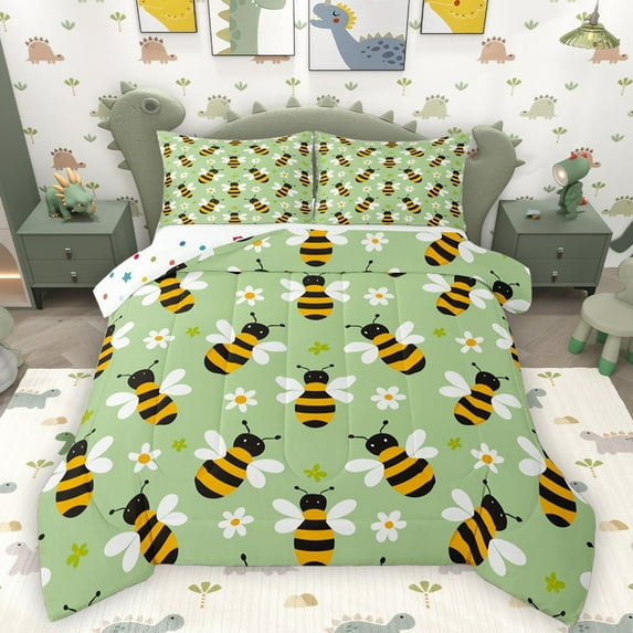 Homewish Kawaii Bee 3 Pieces Queen Comforter Set for Children Teens,Flower Animal Ultra Soft Bedding Sets,Green Yellow Black Bedding Comforter Set Breathable,Luxury Bedroom Decor,Reversible
