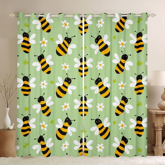 Homewish Kawaii Bee Blackout Curtains Set of 2 (52x84 Each) for Children Teens,Flower Animal Window Curtains,Green Yellow Black Curtains and Drapes,Luxury Bedroom Decor