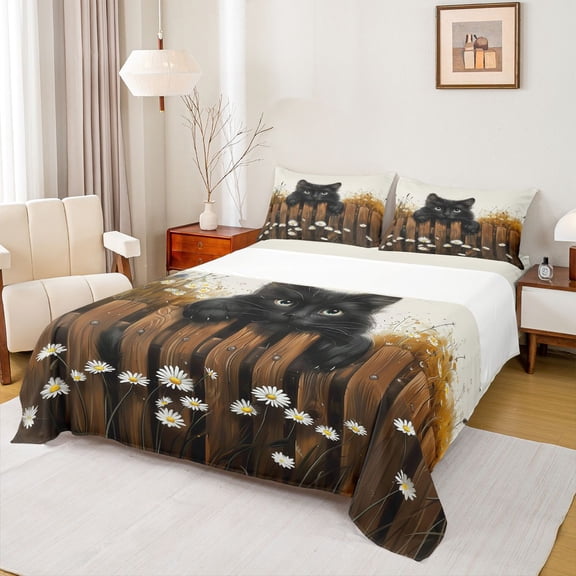 Homewish Kawaii Black Cat Bed Sheets for Kids, Vibrant Groovy Flower Floral King Sheets, Western Wooden Plank Sheet Set, Super Cozy Room Decor, 4-Piece