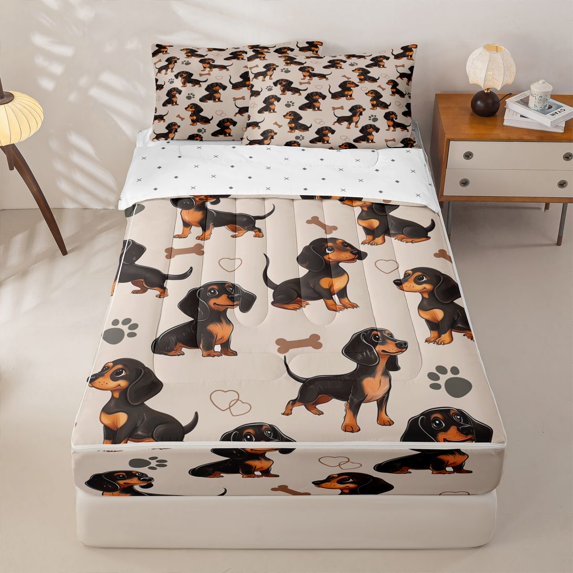 Homewish Kawaii Black Dachshund Zipper Queen Comforter Set with Fitted Sheet and 2 Pillowcases,Cute Flower Plants Zipper Bedding Set,Reversible,4pcs
