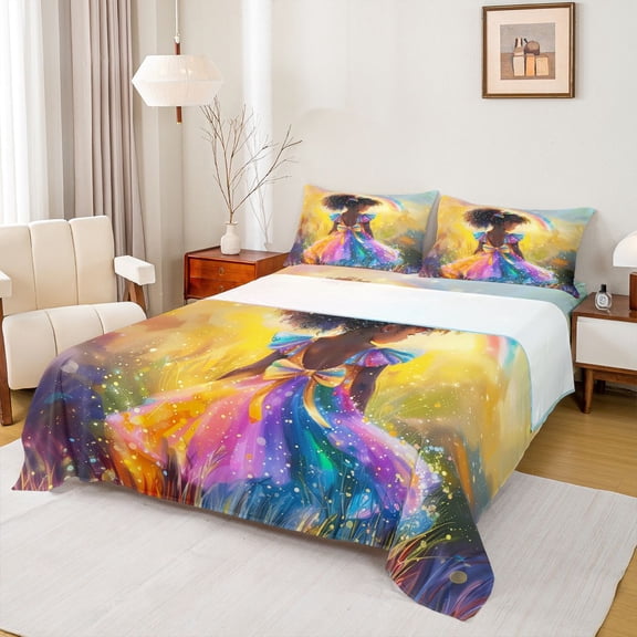 Homewish Kawaii Black Princess Twin Sheet Sets for Teen, Fashion Oil Printing Twin Fitted Sheet, Dreamy Stars Rainbow Flat Sheet, Super Cozy Room Decor, 3 Pieces