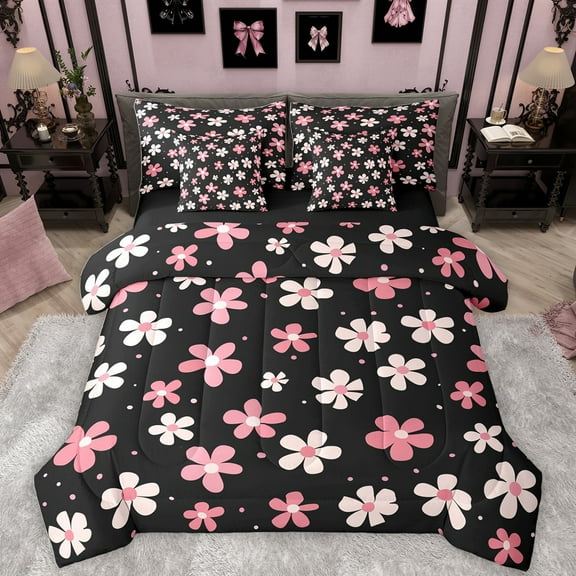 Homewish Kawaii Blossom 7-Piece Twin Bedding Sets,Cute Flower Floral Bedding Comforter Set,Pink White Black Sheet Sets For Girl Teens,Super Cozy Room Decor Reversible