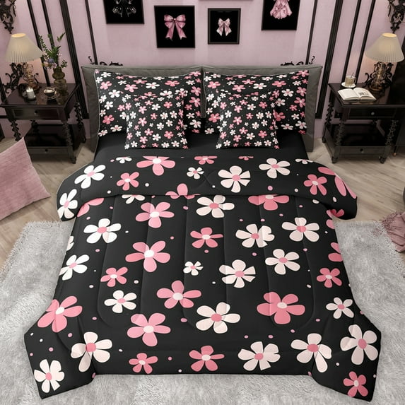 Homewish Kawaii Blossom 7-Piece Twin Bedding Sets,Cute Flower Floral Bedding Comforter Set,Pink White Black Sheet Sets For Girl Teens,Super Cozy Room Decor Reversible