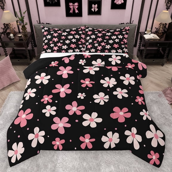Homewish Kawaii Blossom Bedding Comforter Set,Cute Flower Floral Twin Comforter Sets,Pink White Black Bedding Set For Girl Teens,Super Cozy Room Decor Reversible,2-Piece