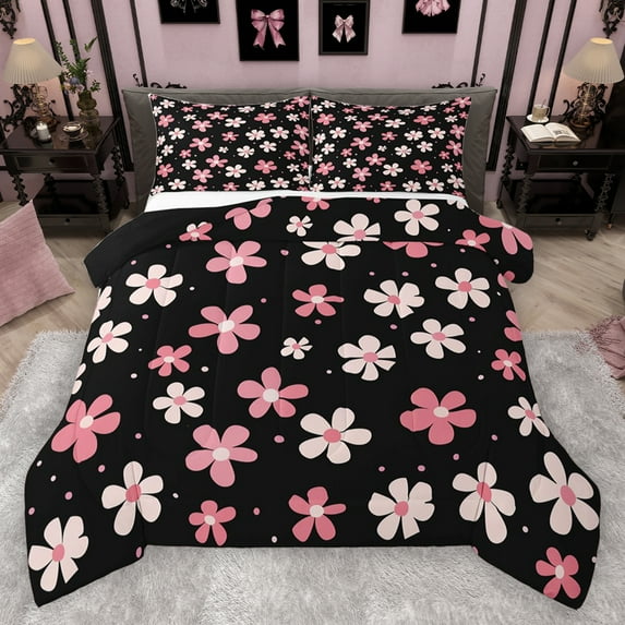 Homewish Kawaii Blossom Bedding Comforter Set,Cute Flower Floral Twin Comforter Sets,Pink White Black Bedding Set For Girl Teens,Super Cozy Room Decor Reversible,2-Piece