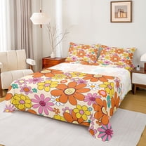 Homewish Kawaii Blossom Twin Sheet Sets,Cute Flower Floral Twin Fitted Sheet,Orange Yellow Flat Sheet For Girl Teens,Super Cozy Room Decor,3pcs