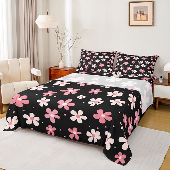 Homewish Kawaii Blossom Twin Sheet Sets,Cute Flower Floral Twin Fitted Sheet,Pink White Black Flat Sheet For Girl Teens,Super Cozy Room Decor,3-Piece