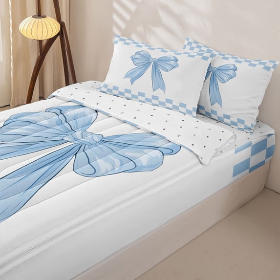 Homewish Kawaii Blue Bow Zipper Full Size Comforter Sets with Fitted Sheet and 2 Pillowcases for Girl, Cartoon Lattice Zipper Bedding Set, Reversible, 4pcs
