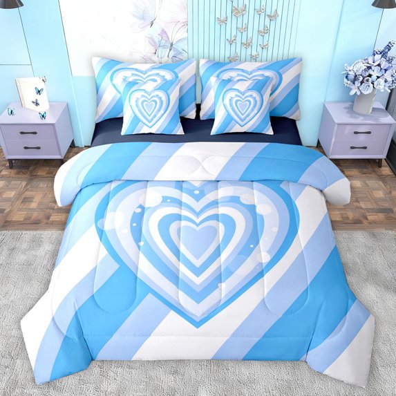 Homewish Kawaii Blue Cartoon Bedding Comforter Set 7 Pieces for Kids, Romantic Love Heart Full Bedding Set, Fashion Polkadots Reversible Fitted Sheet Flat Sheet, Breathable Home Decor