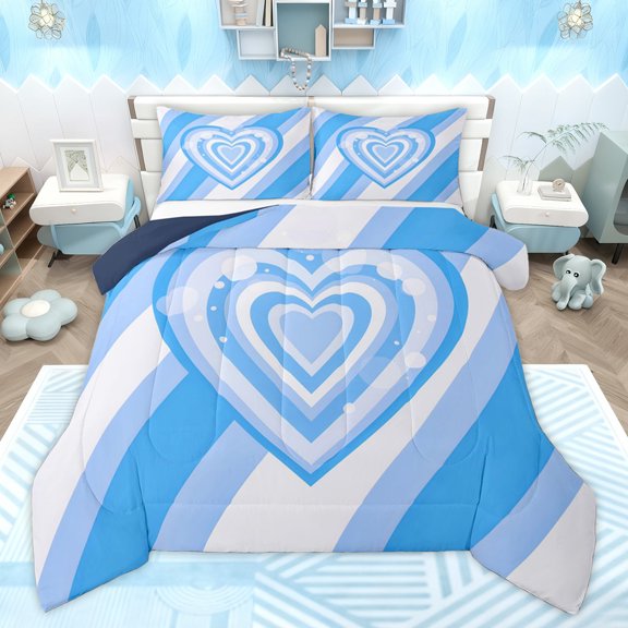 Homewish Kawaii Blue Cartoon Full Size Comforter Sets for Kids, Romantic Love Heart Bedding Comforter Set, Fashion Polkadots Reversible Bedding Sets, Breathable Home Decor, 3 Pieces