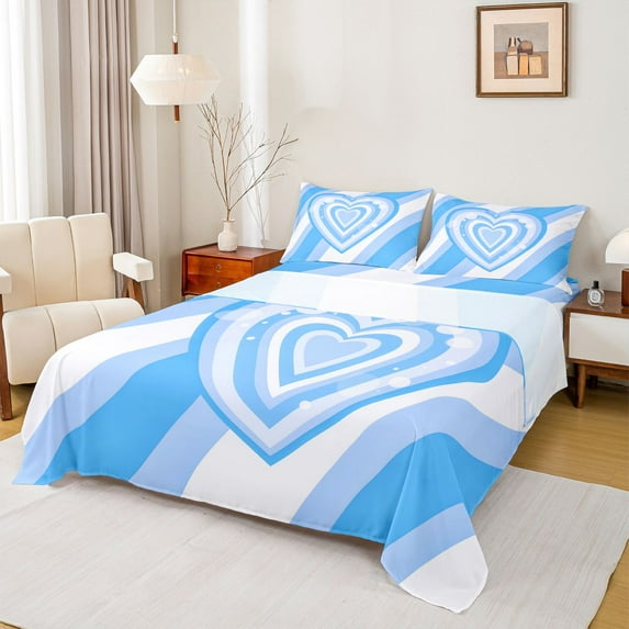 Homewish Kawaii Blue Cartoon Queen Sheet Sets for Kids, Romantic Love Heart Flat Sheet, Fashion Polkadots Queen Fitted Sheet, Breathable Home Decor, 4 Pieces