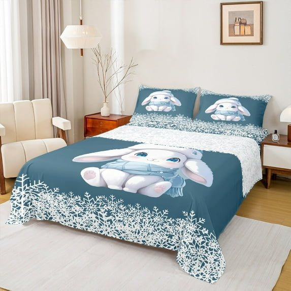 Homewish Kawaii Blue Rabbit Queen Sheet Sets for Girl, Winter Christmas Snowflake Flat Sheet, Cute Bunnies Animal Queen Fitted Sheet, Ultra Soft Bedroom Decor, 4 Pieces