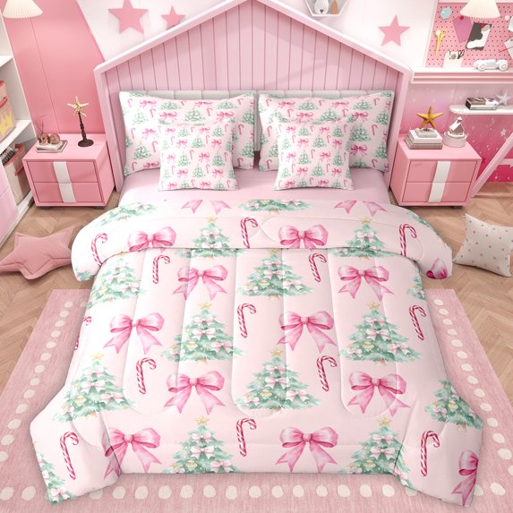 Homewish Kawaii Bow 7 Pieces Bedding Comforter Set,Cartoon Christmas Tree Full Bedding Set,Ppink Green Fitted Sheet Flat Sheet For Girl Teens,Super Cozy Room Decor Reversible