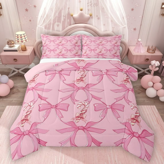 Homewish Kawaii Bow Bedding Comforter Set 2pcs for Kids Children Girls,Dreamy Princess Twin Comforter Sets Microfiber,Cartoon Bow Knot Breathable Bedding Set,Ultra Soft Home Decor,Reversible