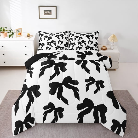 Homewish Kawaii Bow Bedding Comforter Set,Cute Cartoon Bowtie Twin Comforter Sets,White Black Bedding Set For Girl Teens,Super Cozy Room Decor Reversible,2pcs