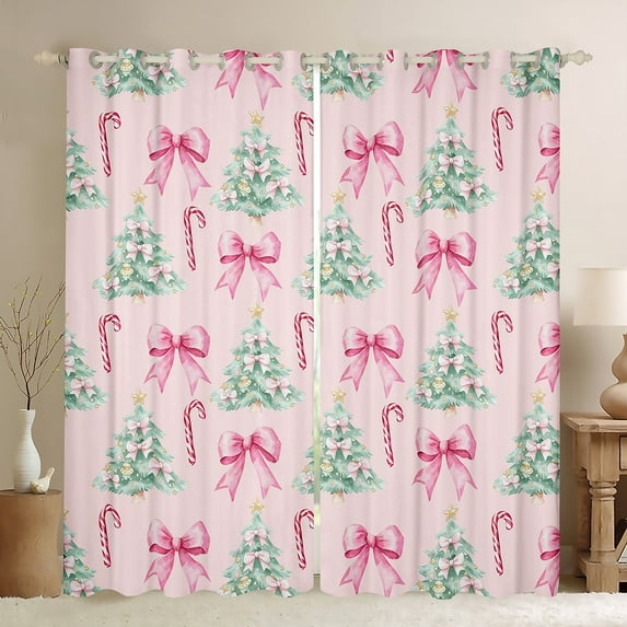 Homewish Kawaii Bow Curtains Pack of 2 (42x84 Each),Cartoon Christmas Tree Curtains Blackout,Ppink Green Bedroom Curtains For Girl Teens,Super Cozy Room Decor