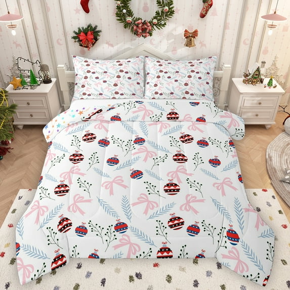 Homewish Kawaii Bow Full Size Comforter Sets,Cartoon Xmas Ball Bedding Comforter Set,Pink White Red Bedding Sets For Girl Teens,Super Cozy Room Decor Reversible,3-Piece