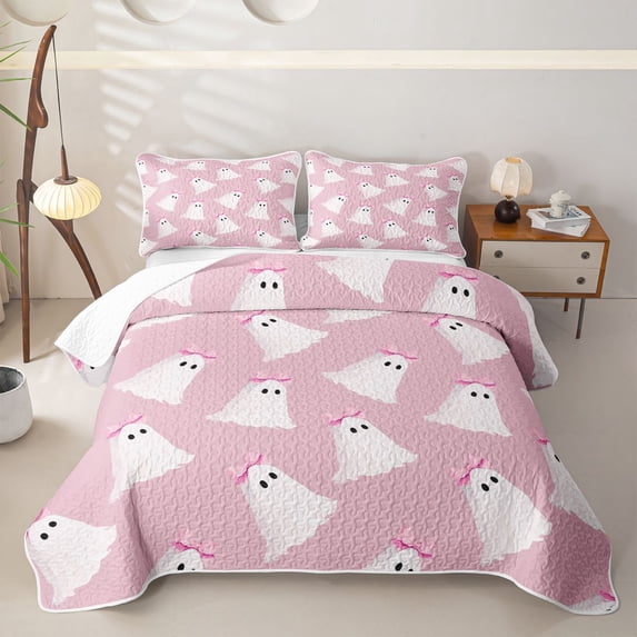 Homewish Kawaii Bow Ghost Quilt Full for Girls, Sugar Halloween Theme Full Bedspread Sets, 3 Pieces