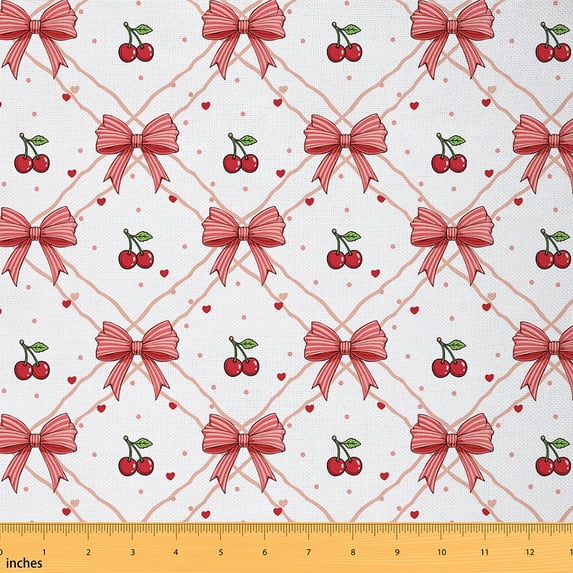 Homewish Kawaii Bow Knot Fabric by the Yard 2 Yard,Sweet Cherry Room Decor Fabric by the Yard,White Red Fabric for Sewing For Princess,Breathable Home Decor