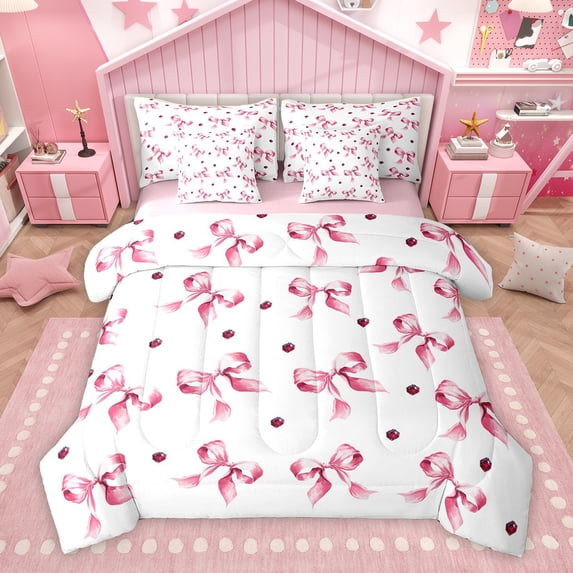 Homewish Kawaii Bow Ribbon Bedding Comforter Set 7pcs, Pink Watercolor King Bedding Sets, Teens Kids Girls Women Reversible Bed Sheets, Lightweight Room Decor