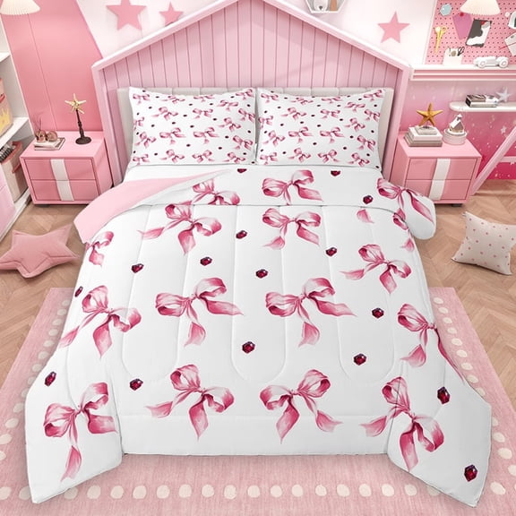 Homewish Kawaii Bow Ribbon Full Size Comforter Sets, Pink Watercolor Bedding Comforter Set, Teens Kids Girls Women Reversible Bedding Sets, Lightweight Room Decor, 3 Pieces