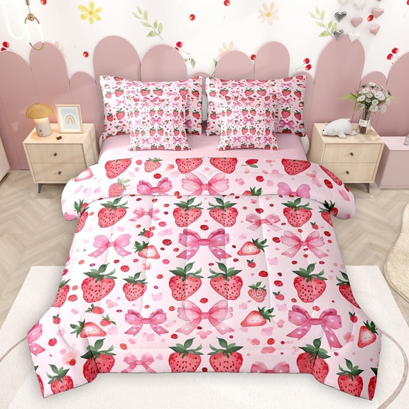 Homewish Kawaii Bow Tie 7-Piece Twin Bedding Sets,Cute Fruit Strawberry Bedding Comforter Set,Pink Red Sheet Sets For Girls Kids,Breathable Home Decor Reversible