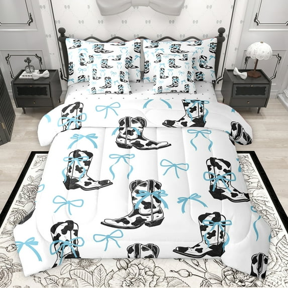 Homewish Kawaii Bow Tie 7pcs Bedding Comforter Set,Western Cowgirl Boots Queen Bedding Sets,White Blue Black Queen Sheet Sets For Children,Breathable Home Decor Reversible