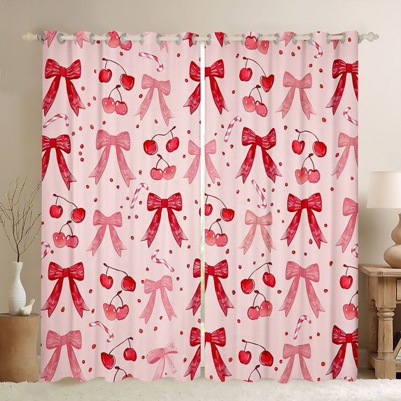 Homewish Kawaii Bow Tie Black Out Curtains,Summer Fruit Cherries Curtains Pack of 2 (42x63 Each),Pink Red Bedroom Curtains For Girls Kids,Breathable Home Decor