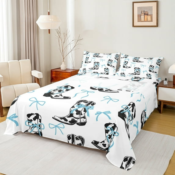 Homewish Kawaii Bow Tie Full Size Sheets,Western Cowgirl Boots Bed Sheets,White Blue Black Sheet Sets For Children,Breathable Home Decor,4 Pieces