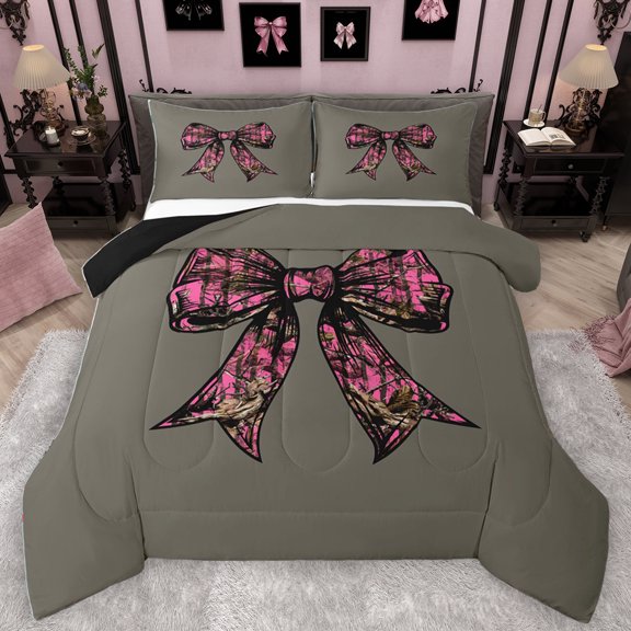 Homewish Kawaii Bow Tie Queen Comforter Set,Retro Bowknot Ribbon Bedding Sets,Pink Black Green Bedding Comforter Set For Girls Kids,Luxury Bedroom Decor Reversible,3-Piece