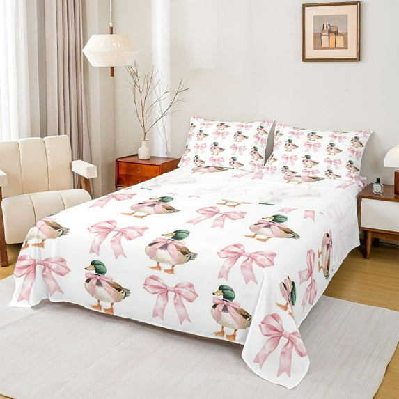 Homewish Kawaii Bow Tie Twin Sheet Sets,Countryside Mallard Duck Twin Fitted Sheet,Pink White Flat Sheet For Teens,Ultra Soft Home Decor,3 Pieces