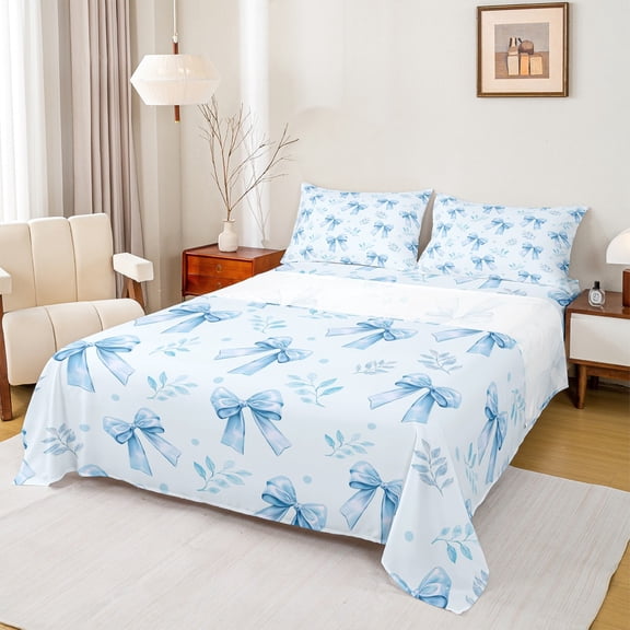 Homewish Kawaii Bow Tie Twin Sheet Sets,Cute Bowknot Twin Fitted Sheet,Dreamy Blue 03 For Girl,Luxury Bedroom Decor,3-Piece
