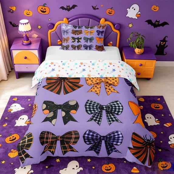 Homewish Kawaii Bow Twin Duvet Cover,Colorful Plaid Bowknot Print Twin Bedding,Colorful Stars Reversible,2-Piece,1 Duvet Cover and 1 Pillowcase