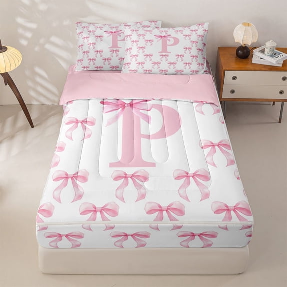 Homewish Kawaii Bow Zipper Full Size Comforter Sets with Fitted Sheet and 2 Pillowcases For Girls,Pink Letter I Initial Lettering Zipper Bedding Set,Pink Reversible,4-Piece