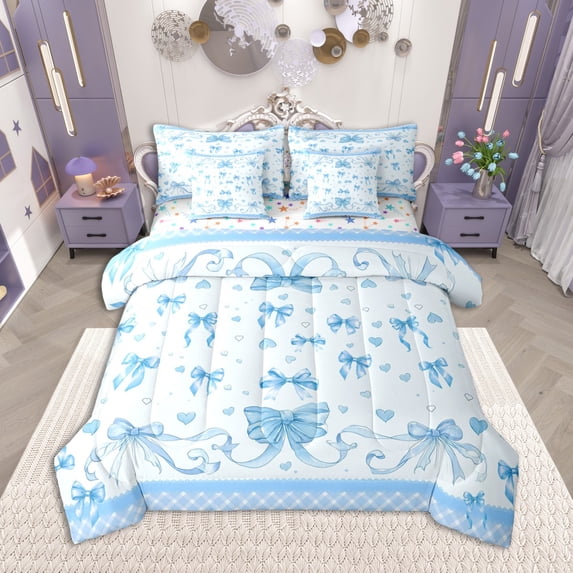 Homewish Kawaii Bowknot Bedding Comforter Set 7 Pieces for Girls, Black Blue Plaid Full Bedding Set, Hand Drawn Love Hearts Fitted Sheet Flat Sheet, Lightweight Room Decor