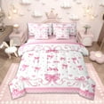 thumbnail image 1 of Homewish Kawaii Bowknot Bedding Comforter Set 7pcs for Girls, White Pink Plaid Queen Bedding Sets, Hand Drawn Love Hearts Queen Sheet Sets, Luxury Bedroom Decor, 1 of 8