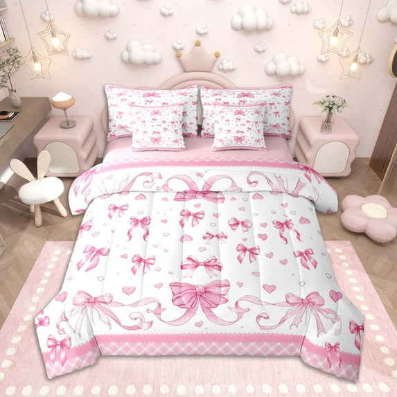 Homewish Kawaii Bowknot Bedding Comforter Set 7pcs for Girls, White Pink Plaid Queen Bedding Sets, Hand Drawn Love Hearts Queen Sheet Sets, Luxury Bedroom Decor