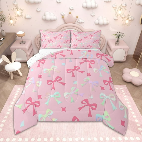 Homewish Kawaii Bowknot Bedding Comforter Set for Kids Girls, Gradient Bow Ribbon Twin Comforter Sets, Cute Stars Bedding Set, Breathable Home Decor