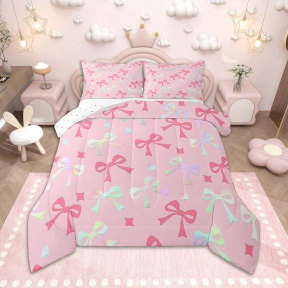 Homewish Kawaii Bowknot Bedding Comforter Set for Kids Girls, Gradient Bow Ribbon Twin Comforter Sets, Cute Stars Bedding Set, Breathable Home Decor