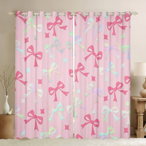 Homewish Kawaii Bowknot Black Out Curtains for Kids Girls, Gradient Bow Ribbon Curtains Pack of 2 (42x63 Each), Cute Stars Bedroom Curtains, Luxurious Home Decor