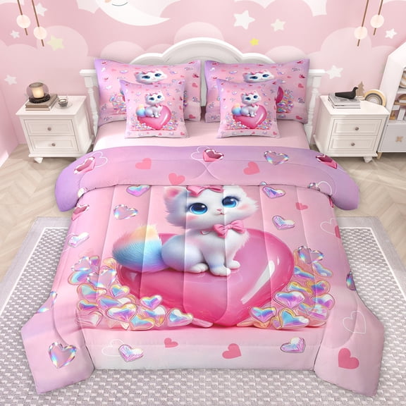 Homewish Kawaii Bowknot Cat Twin Bedding Sets 7-Piece for Girl, Romantic Love Heart Bedding Comforter Set, Fashion Kitten Animal Reversible Sheet Sets, Lightweight Room Decor