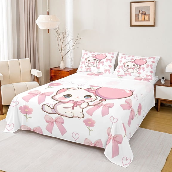 Homewish Kawaii Bowknot Cat Twin Sheet Sets, Pink Love Heart Balloon Twin Fitted Sheet, Dreamy Cartoon Animal Flat Sheet, Breathable Home Decor, 3pcs