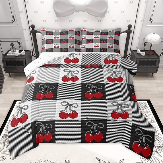 Homewish Kawaii Bowknot Cherry Full Size Comforter Sets, Cartoon Buffalo Plaid Bedding Comforter Set, Teens Kids Boys Girls Reversible Bedding Sets, Super Cozy Room Decor, 3pcs