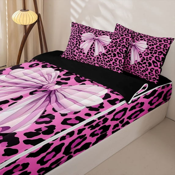 Homewish Kawaii Bowknot Girls Zipper Full Size Comforter Sets with Fitted Sheet and 2 Pillowcases, Pink Cheetah Print Zipper Bedding Set, Black Reversible, 4 Pieces