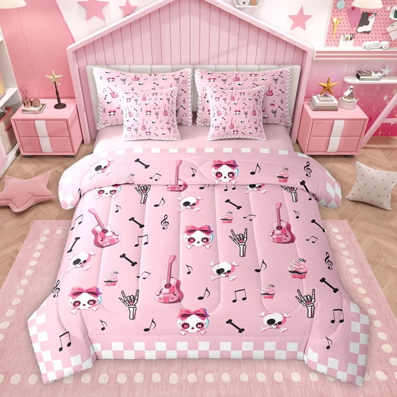 Homewish Kawaii Bowknot Skeleton Bedding Comforter Set 7pcs, Cartoon Guitar Music King Bedding Sets, Girly Pink Gothic Cartoon Reversible Bed Sheets, Microfiber Bedroom Decor