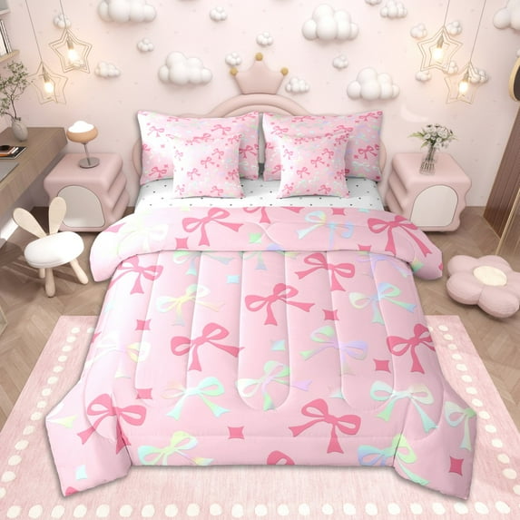 Homewish Kawaii Bowknot Twin Bedding Sets 7-Piece for Kids Girls, Gradient Bow Ribbon Bedding Comforter Set, Cute Stars Sheet Sets, Breathable Home Decor