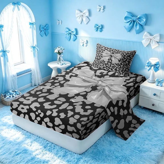 Homewish Kawaii Bowknot Twin Sheets for Girls, Leopard Cheetah Print Bedding, 3 Pieces (1 Flat Sheet, 1 Fitted Sheet and 1 Pillowcase)
