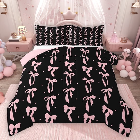 Homewish Kawaii Bowtie 3 Pieces Queen Comforter Set for Girls,Black White Polka Dots Ultra Soft Bedding Sets,Dreamy Princess Bow Bedding Comforter Set Breathable,Luxury Bedroom Decor,Reversible